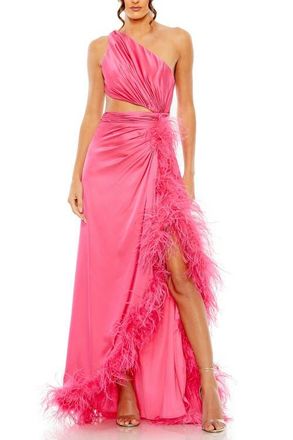 Mac Duggal One Shoulder Feather Lined High Slit Gown in Hot Pink at Nordstrom, Size 8
