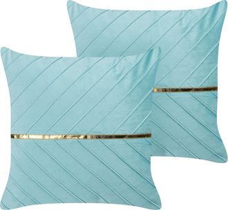 Beliani Conjunto De 2 Cojines Azul Claro Dorado 45 X 45 Cm Poli&eacute;ster Glamour Coneflower