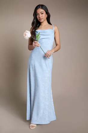 Oasis Womens Petite Light Blue Double Strap Cowl Neck Satin Jacquard Bridesmaid Midi Dress - Size 10 UK
