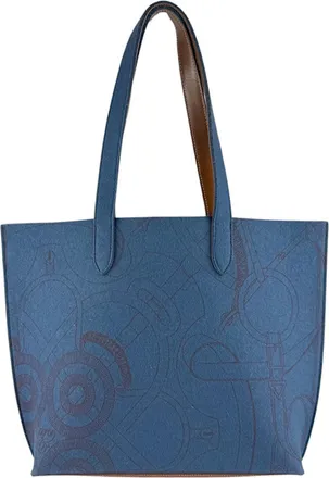 Herm&egrave;s Blue Brown Felt Leather Shoulder Bag Tote Bag (Pre-Owned)
