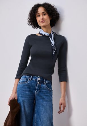 Street One 3/4-Arm-Shirt STREET ONE, Damen, Gr. 34, shadowed navy, Jersey, Obermaterial: 96% Baumwolle, 4% Elasthan, unifarben, normal h&uuml;ftbedeckend, U-Boot-Auss