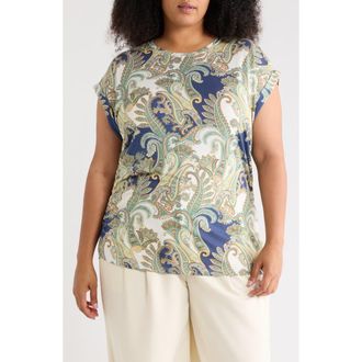 T Tahari Cuff Short Sleeve Ruched T-Shirt in Blue Paisley at Nordstrom Rack, Size 3 X