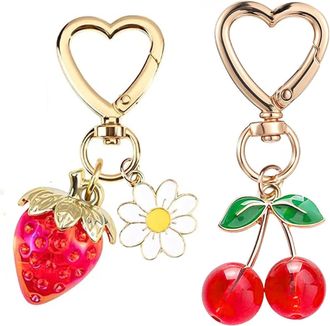 Generic Cute Cherry Keychain Strawberry Keychain Set, Kawaii Heart Flower Daisy Bag Purse Charms for Women Car Keys Decor Gifts Stuff Accessories