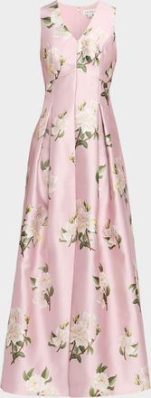 Sachin & Babi Brooklynne Pleated Floral-Print Mikado Gown