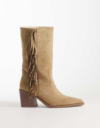Simmi London Simmi London - Tevy - Stivali al ginocchio stile western con frange in camoscio sintetico color pietra-Neutro
