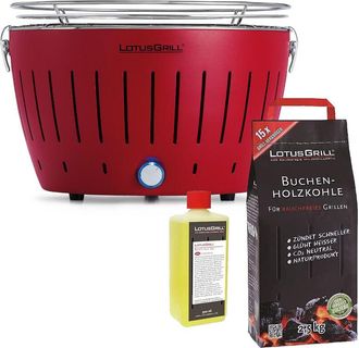 Lotus Grill Barbecue Rosso con Batterie e Cavo di Alimentazione USB + 2.5Kg di Carbonella di Faggio + Gel Combustibile 500ml -Lotus Grill