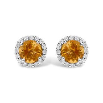 House of Brilliance 10K Gold Gemstone and 1/6 Cttw Diamond Halo Stud Earring in White | Orange Citrine at Nordstrom