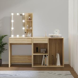 Berkfield Home LED Dressing Table with Cabinet Sonoma Oak Engineered Wood in Brown