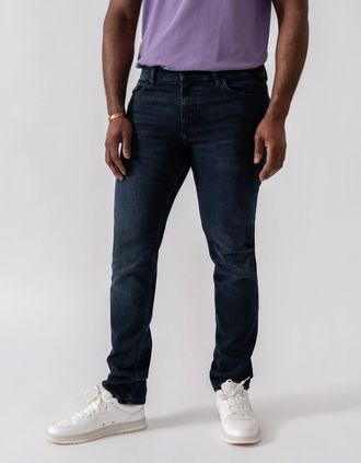 HUGO BOSS Mens BOSS Orange Delaware Slim-Fit Jeans in Blue-Black Soft-Motion Denim - Dark Blue 405 - Navy - Size: 34/32