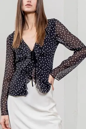 Moon River Polka Dot Ruffle Blouse In Black/white