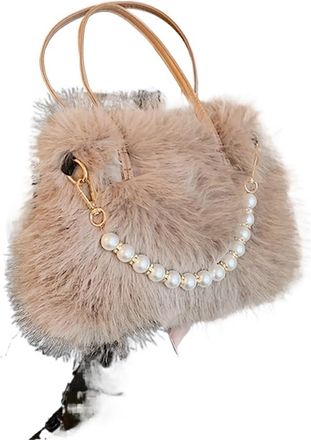 Generic Womens Plush Bags Winter Faux Fur Crossbody Bags For Womens Gift, Pearl Chain Decor Shoulder Bag, Ladies Handbags Top-handel(Khaki)