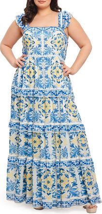 Flying Tomato Ruffle Strap Tiered Maxi Dress in Off White Blue at Nordstrom Rack, Size 2 X