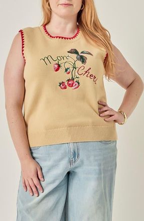 English Factory Strawberry Stitch Detail Vest in Beige/red Multi at Nordstrom, Size 2X