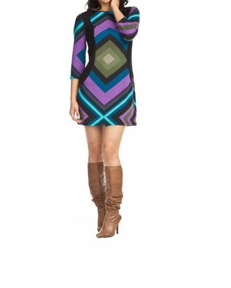 Papillon Geo Print 3/4 Sleeve Bodycon Dress In Purple Multi