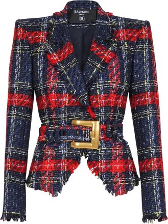 Balmain belted plaid tweed jacket - Blue
