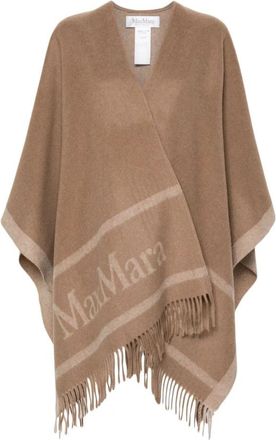 Max Mara Wollen Jacquard Logo Cape met Franje - Dames - Ponchos - Beige - ONE Size - Wol - Jassen