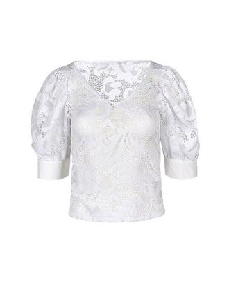 Anne Fontaine Womens Katia White V-Neck Top With Sheer Mesh Sleeves at Nordstrom, Size 38 Eu