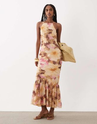 Asos Vestito lungo senza maniche in chiffon rosa e arancione a fiori con fondo godet-Multi