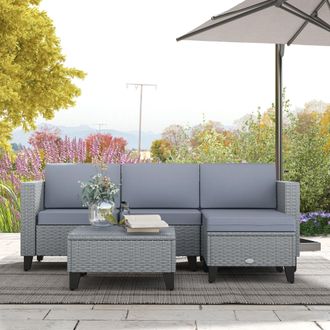 OUTSUNNY 5 PCs Rattan Garden Furniture Set with Glass Coffee Table in Grey