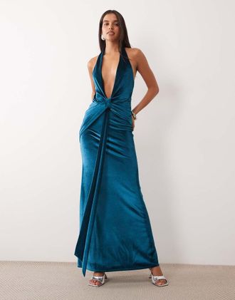 Asos vestito lungo in velluto con scollo profondo e nodo sul davanti color petrolio-Blu