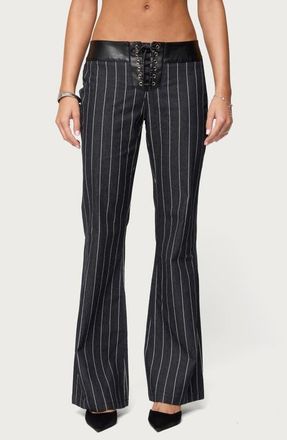 Edikted Pinstripe Faux Leather Waist Lace-Up Pants in Dark-Blue at Nordstrom, Size X-Small