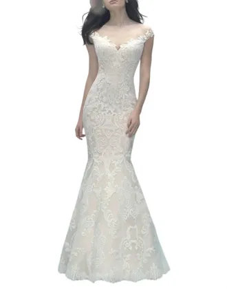 Allure Bridals Off-Shoulder Lace Gown With Detachable Tulle Train In Champagne/ivory/silver