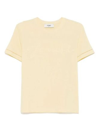 Fendi logo-embroidered T-shirt - women - Cotton/Polyester/Linen/Flax - M - Yellow