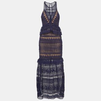 Self Portrait Navy Blue Teardrop Guipure Lace Paneled Maxi Dress