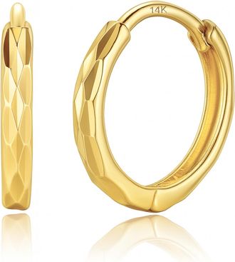 MAX + STONE 14K Yellow Gold Diamond Cut Huggie Hoop Earrings 13mm to 15mm