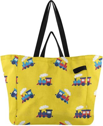 Generic Train Yellow pattern Reusable Canvas Tote Bag, Heavy Duty Grocery Shopping Bag with Double Handles Large Capacity Hard Bottom Work Groceries Travel