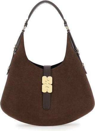 Ganni Kat Brown Large Shoulder Bag With Butterfly Plaque On The Front And Adjustable Shoulder Strap In Suede Woman
