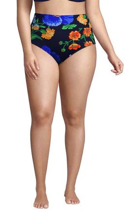 Lands End Plus Size Pinchless High Waisted Bikini Bottoms in Navy/exploded Poppy Floral at Nordstrom, Size 20W