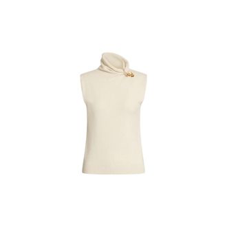 Alberta Ferretti Wool- silk and cashmere turtleneck with floral brooch - female - Alberta Ferretti - Sleeveless Tops - Beige - XS - Tops