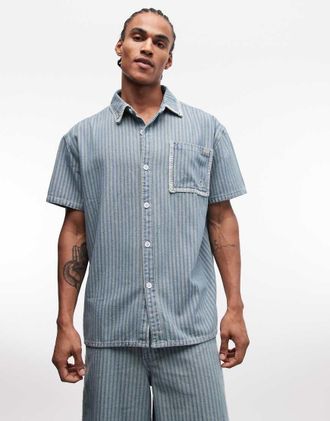 Liquor & Poker Camicia squadrata blu gessata con tasca ricamata in coordinato-Multicolore