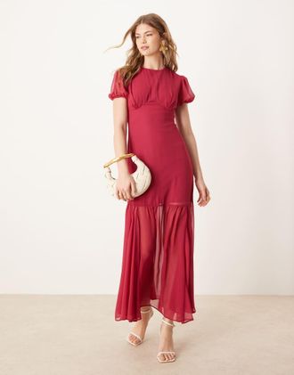 Asos Vestito midi con maniche a sbuffo color ciliegia scuro-Rosso