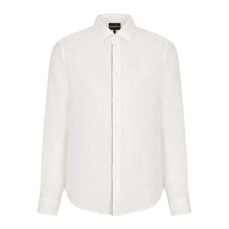 Emporio Armani Wit linnen overhemd met contrasterend logo - Heren - Zakelijke Overhemden - Wit - 2XL - Linnen - Overhemden