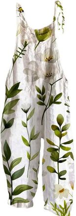 Generic linen trousers womens Dungarees Wide Leg Boho Print Jumpsuit Floral Loose Fit Playsuits Cotton Linen Summer Beach Sleeveless Rompers Bib Overalls Brea