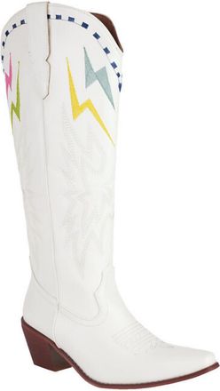 Generic Womens Pull on Wide-Calf Boots Square Toe PU Leather Western Cowboy Boot Chunky Heel Knee High Boots with Embroidery Stitched,White,4.5 UK