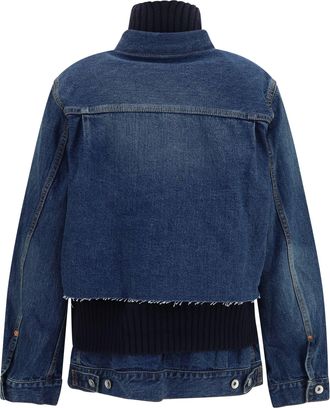 sacai Womens Denim Jacket With Wool Knit Layer Blue&times;d-Navy Cotton Blue&times;d/navy