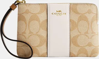 Coach Womens Corner Zip in Signature Canvas with Leather Stripe Bag - Brown - One Size