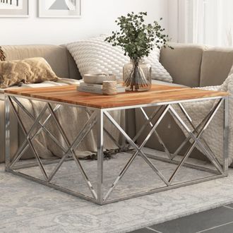 vidaXL Vidaxl - Mesa De Centro Acero Inoxidable Plateado Y Madera Maciza Acacia