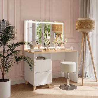 Vicco Tocador Karen, Blanco/artesano, 110 Cm Con Taburete Y Espejo Led, Vicco