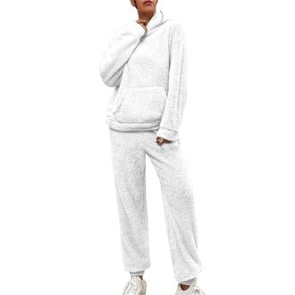 Generic Womens Fleece Fluffy Pyjamas, Womens Hooded Fleece Pyjamas Warm Fluffy Lounge Night Set Soft Teddy Sherpa Pajamas 2 Piece Loungewear Sets Long Sleeve 