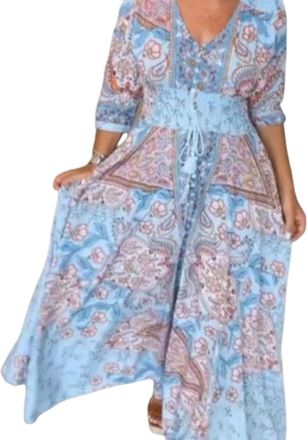 Generic Summer Long Floral Casual Dress for Women,Womens Summer Floral V-Neck Casual Dresses (Blue,XL)