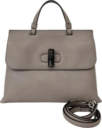 Gucci Gray Leather Bamboo Handbag Shoulder Bag Tote Bag (Pre-Owned)