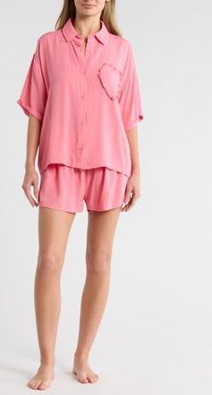 Betsey Johnson Heart Patch Cabana Button-Up Shirt & Shorts Cover-Up Set in Blush at Nordstrom Rack, Size X-Large
