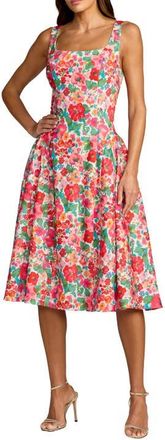 Mac Duggal Crepe Floral Square Neck Sleeveless Midi Dress in Pink Multi at Nordstrom, Size 10