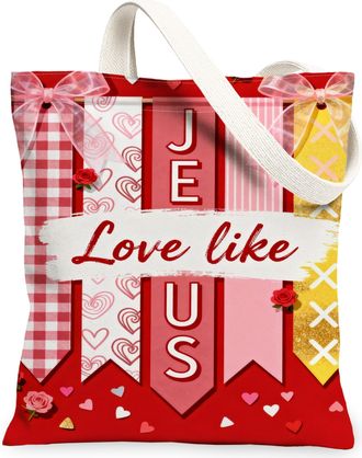 Generic ValentineS Hearts Canvas Tote Bags, Cute Love Pattern Reusable Grocery Bags, Lightweight Washable Shoulder Strap Tote for, Red, 13x15 Inch