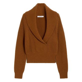Max Mara V-neck Knitwear, female, Brown, Size: S Brown Sweater with Shawl Collar