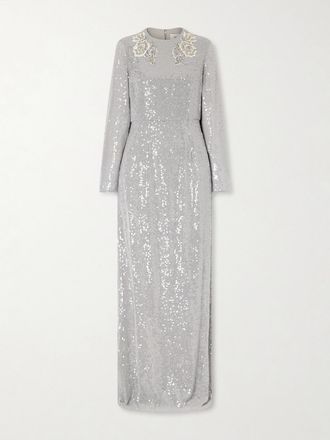 Erdem Abito In Georgette Con Paillettes E Cristalli - Argento